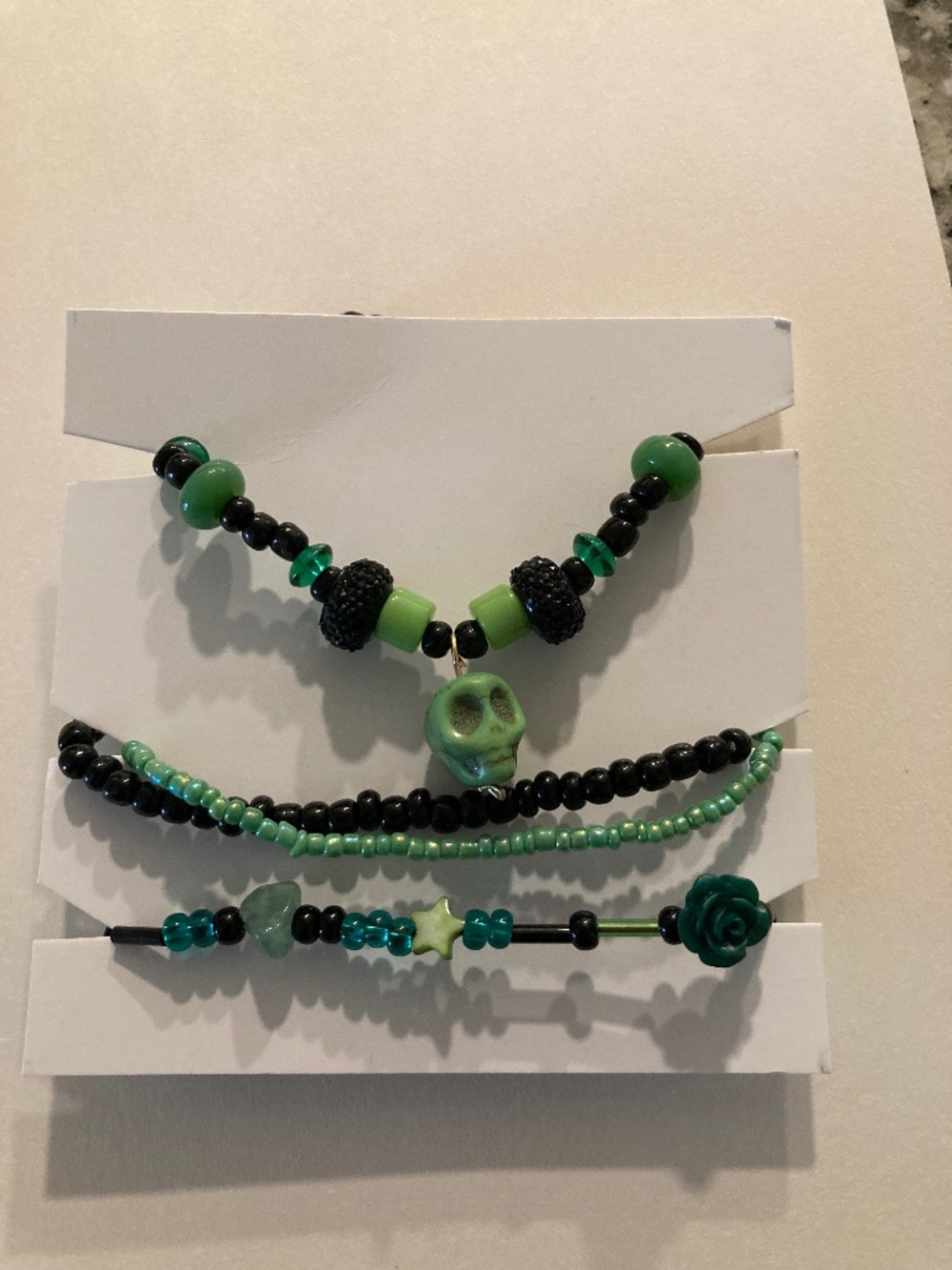 Green black PreStretched Halloween Skull Bracelet Set - 6.5”